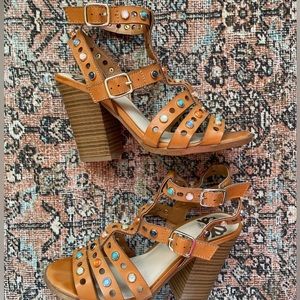 Fergalicious Volatile Cognac Jeweled Strappy Block Heels, Size 5